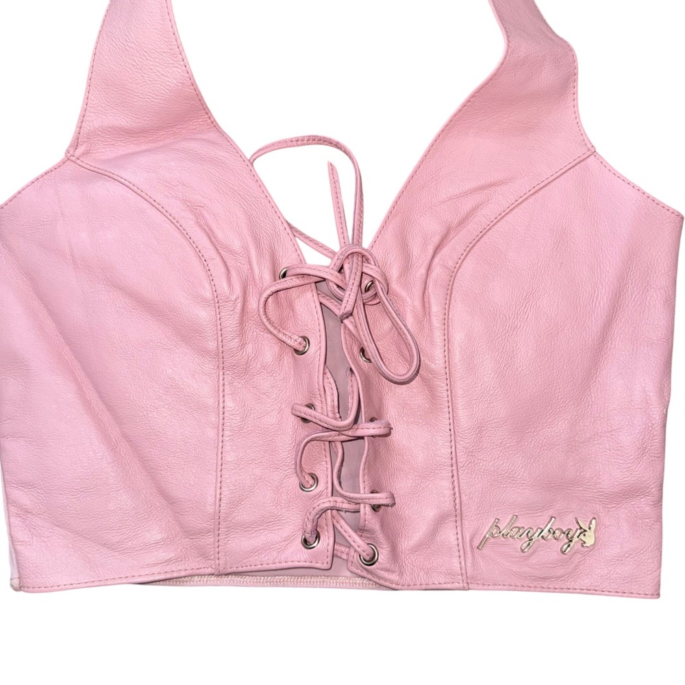 Playboy Leather Skirt Set Womens Large Pink Excellent Y2K Lace Up Halter 2pc - Picture 10 of 15